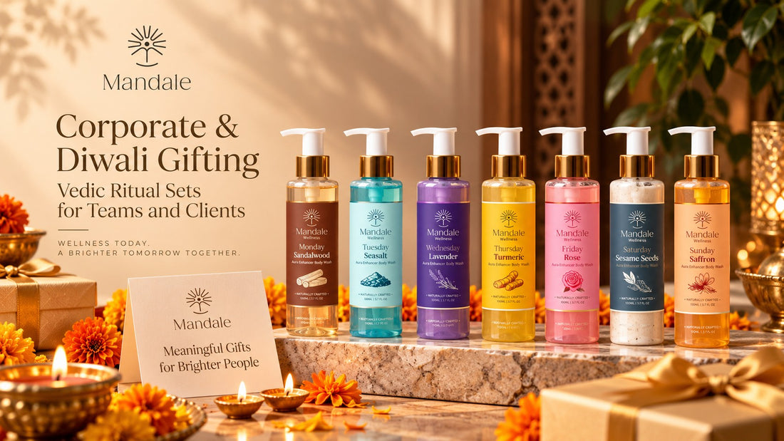 Mandale Wellness seven-day Vedic Bathing Ritual Set body washes, Monday to Sunday, styled with diyas, marigolds and gift boxes for corporate Diwali gifting