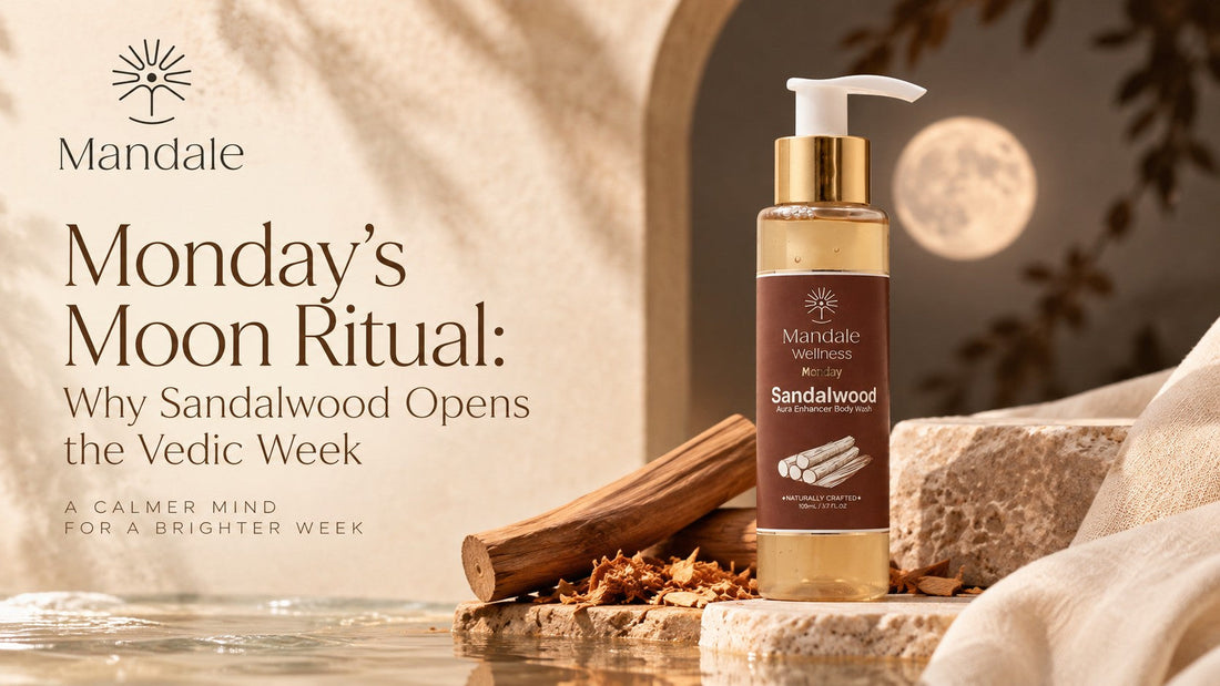Mandale Wellness Monday Sandalwood Aura Enhancer Body Wash beside sandalwood logs and a full moon, illustrating Monday's Moon ritual