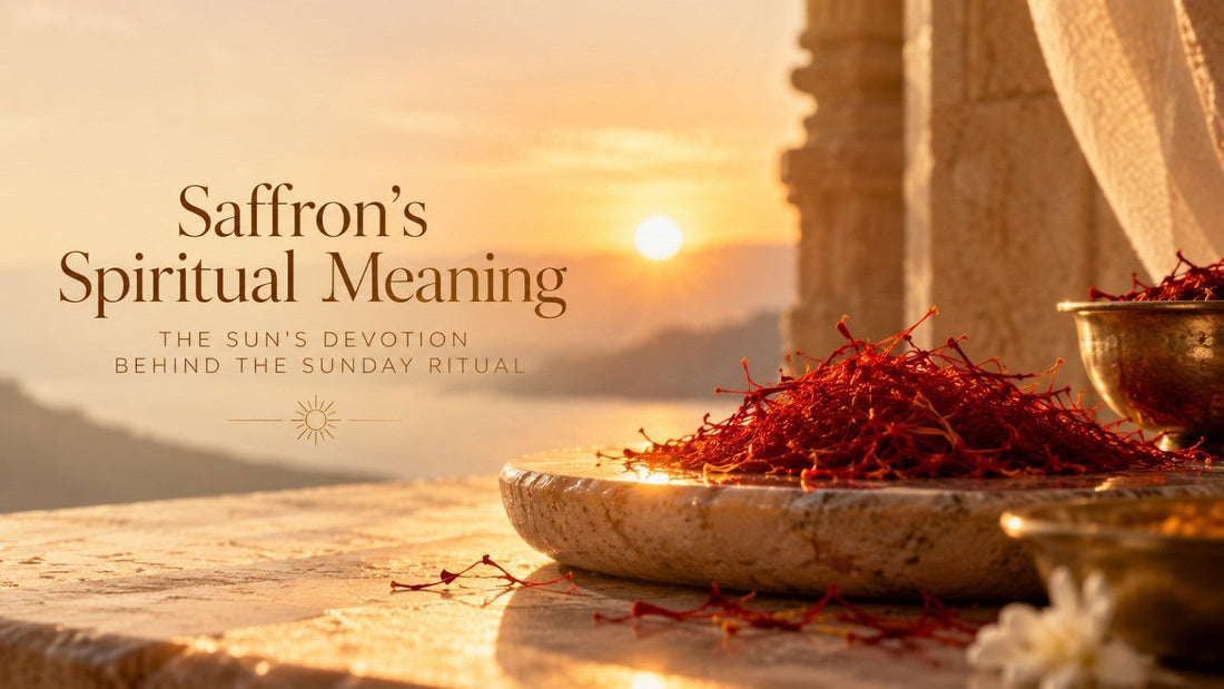 Saffron threads on a marble dish at sunrise, representing saffron's spiritual meaning and the Sun's Sunday ritual