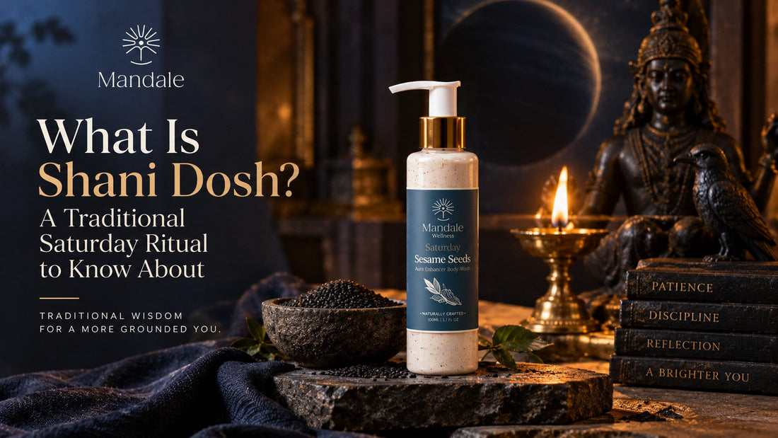 Mandale Wellness Saturday Sesame Seeds Aura Enhancer Body Wash beside black sesame seeds and an oil lamp for the Shani Saturday ritual