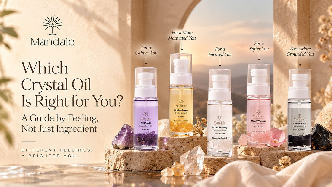 Mandale Wellness five Crystal Body Oils: amethyst, citrine, clear quartz, rose quartz and black tourmaline, each matched to a feeling